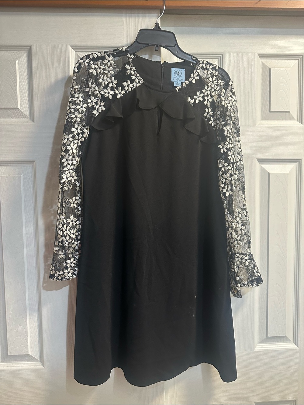 CeCe Black Dress with White Floral Lace Sleeves and Ruffle Yoke